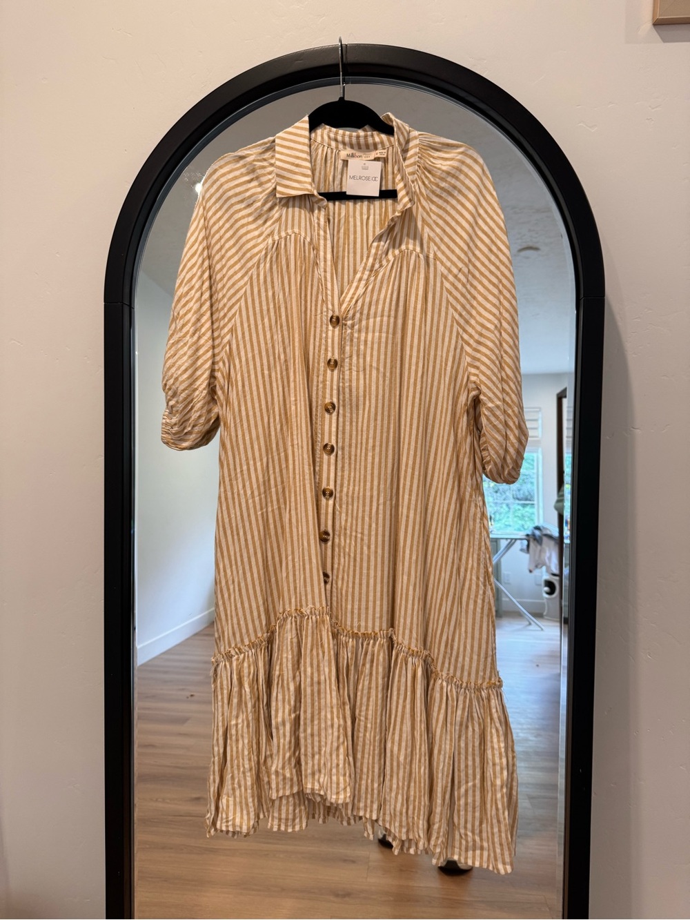 Millibon Beige and White Striped Button-Front Midi Dress